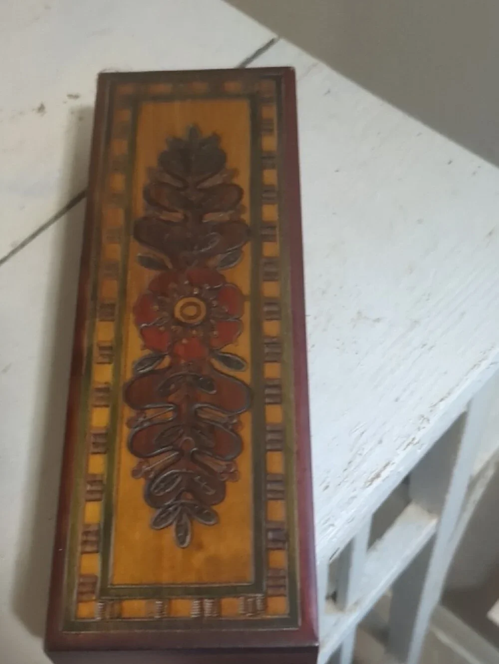 Pyrography Vintage Hand-Painted Floral Wooden Box